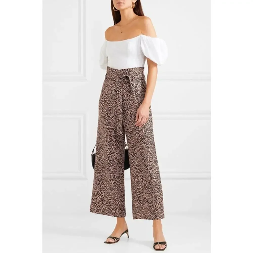 Reformation Jackie Cropped Belted Leopard Print Linen Wide Leg Pants Size 2